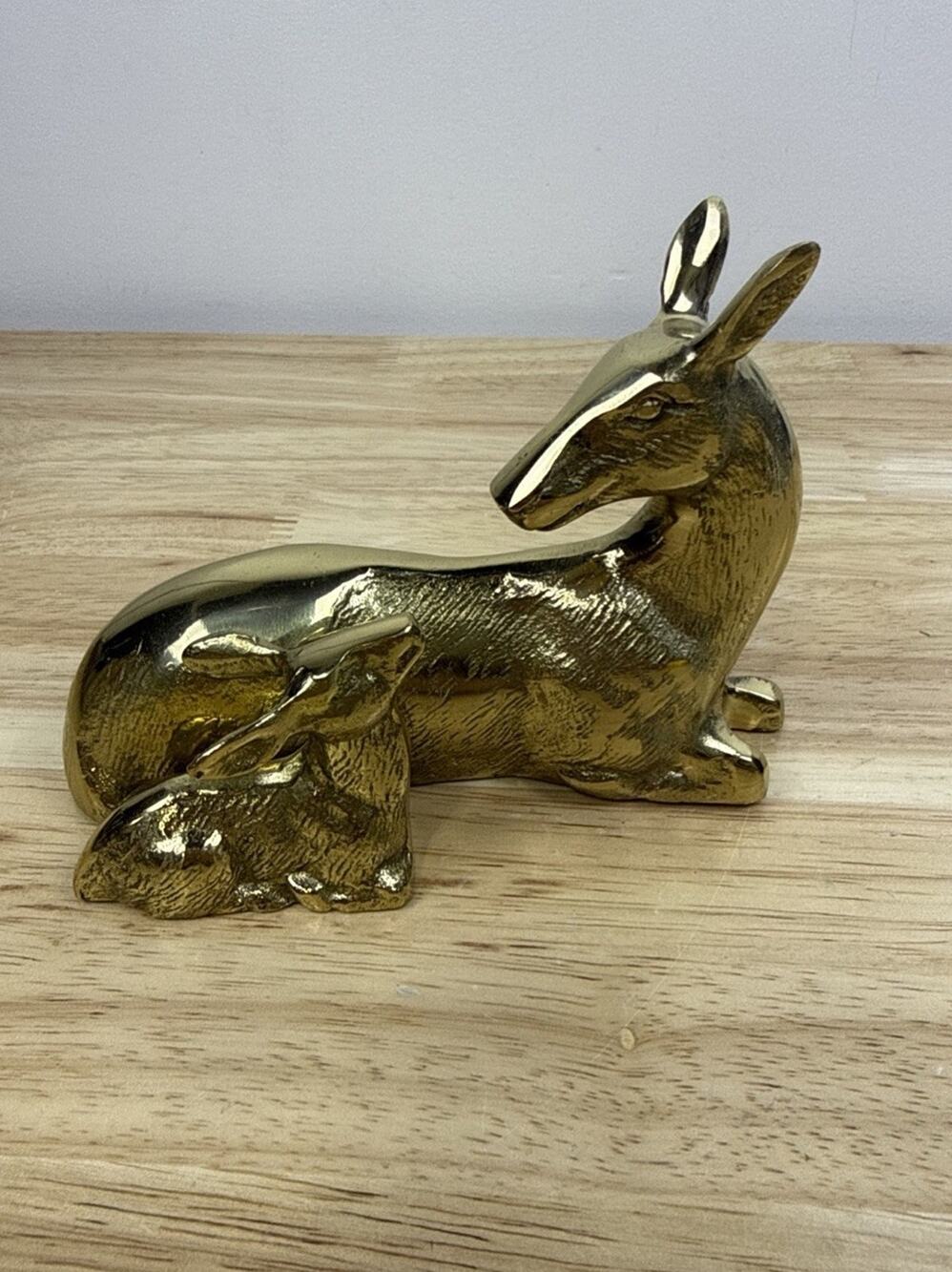 Vintage Mother Deer and Fawn Brass Figurine Home Mantel Bookcase Decor 5.5”